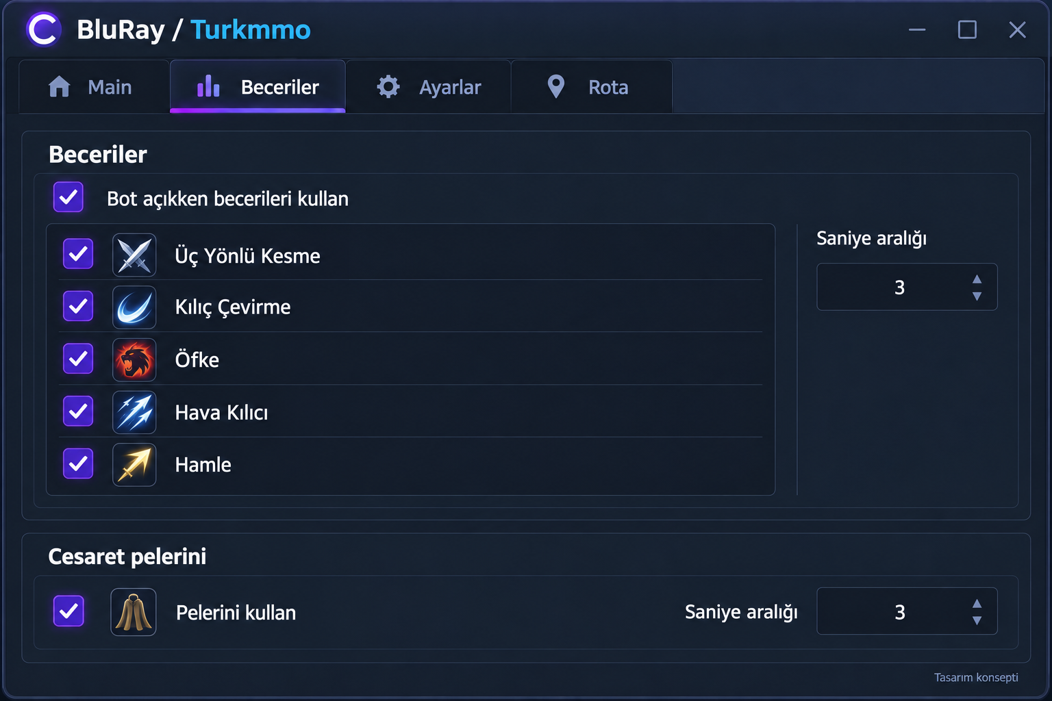 Beceriler • Kullanım Ayarları arayüz tasarımı